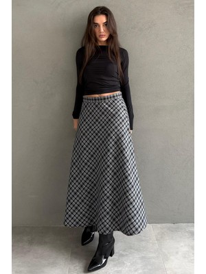 Madmext Siyah Ekose Desenli Midi Boy Kadın Etek MG2649