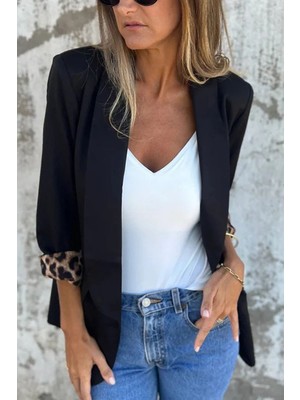 Kadın Uzun Kollu Yakalı Önü Açık Leopar Desen Detaylı Astarlı Atlas Ceket