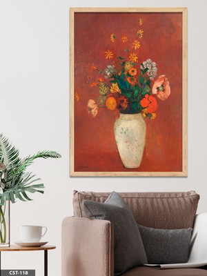 Evine Moda Kırmızı Fonlu Vazo Çiçek Tek Parça Ahşap Çerçeveli Tablo