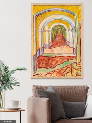 Evine Moda Sarı Tonlarda Mimari Koridor Illüstrasyon Tek Parça Ahşap Çerçeveli Tablo