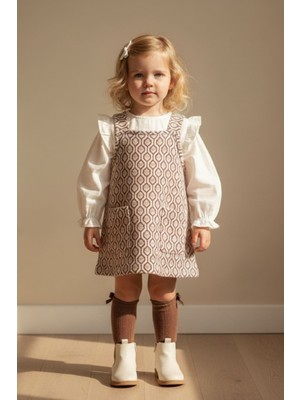 Lupinn Kız Bebek Askılı Önü Cepli Jile Elbise Uzun Kollu Bluzlu Desenli Pamuklu Elbise - Kız Çocuk Elbise