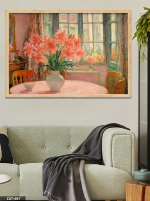 Evine Moda Yağlı Boya Pembe Çiçekler Tek Parça Ahşap Çerçeveli Tablo