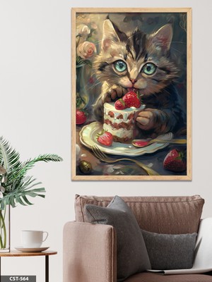 Evine Moda Pasta Yiyen Kedi Tek Parça Ahşap Çerçeveli Tablo