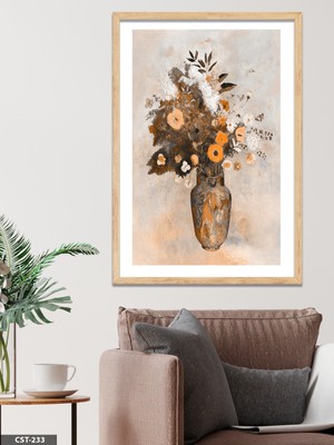 Evine Moda Turuncu Çiçek Vazosu Tek Parça Ahşap Çerçeveli Tablo