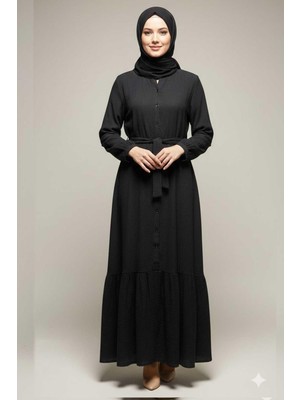 Tesettür Diyarı Düğmeli Müslin Kumaş Tesettür Elbise- Siyah