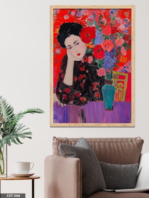 Evine Moda Kırmızı Güller ve Kadın Tek Parça Ahşap Çerçeveli Tablo