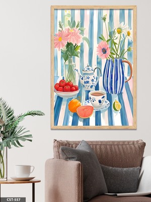 Evine Moda Sulu Boya Görünümlü Natürmort Tek Parça Ahşap Çerçeveli Tablo