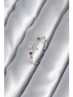 MiraLive Pirinç Gümüş Renk Zirkon Taşlı Çiçek Model Pembe Zirkon Taş Detay Kadın Yüzük - TJ-BYK2984