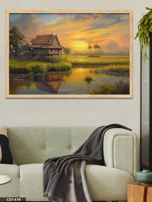 Evine Moda Günbatımında Köy Evi Tek Parça Ahşap Çerçeveli Tablo