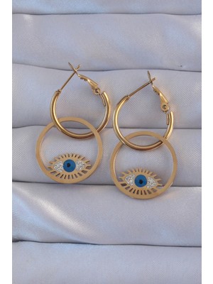 MiraLive 316L Çelik Gold Renk Zirkon Taşlı Mavi Göz Tasarımlı Halka Küpe - TJ-BKP9161