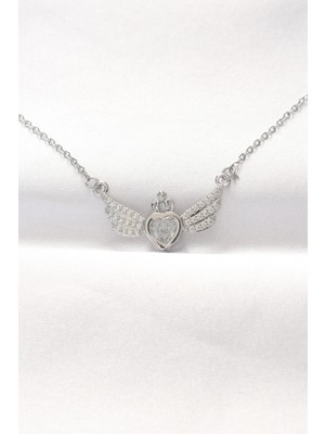 MiraLive 316L Çelik Silver Renk Zirkon Taşlı Kalpli Kanat Kolye - TJ-BKO8515