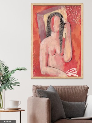 Evine Moda Kırmızı Fonlu Kadın Figür Illüstrasyon Tek Parça Ahşap Çerçeveli Tablo