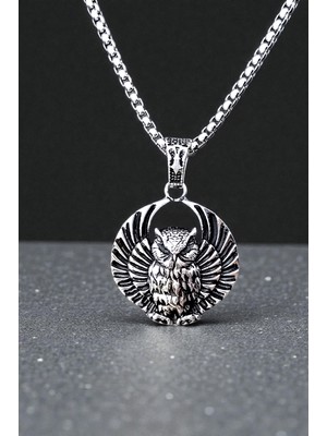 Ak Store Silver Erkek, Baykuş Owl (Bilgeliğin Sembolü) Figürlü K-175 Paslanmaz Koromix Çelik Gümüş Kaplama Kolye