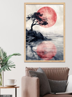 Evine Moda Kırmızı Ay Tek Parça Ahşap Çerçeveli Tablo