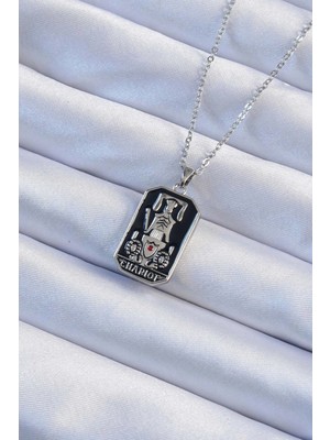 MiraLive 316L Çelik Zincir Gümüş Renk Siyah Mineli Tarot Kolye - TJ-BKO9246