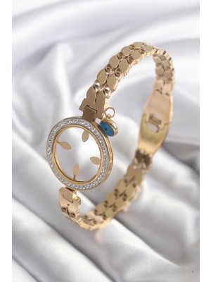 MiraLive 316L Çelik Gold Renk Arpa Model Zirkon Taş Detay Altın Takılabilir Kadın Kelepçe - TJ-BB5765