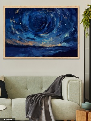 Evine Moda Yıldızlı Gece Tek Parça Ahşap Çerçeveli Tablo