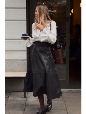 Madmext Siyah Kemer Detaylı Deri Midi Boy Kadın Etek MG2632