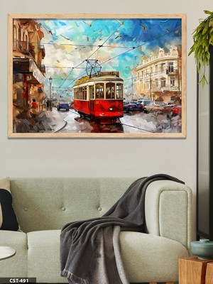 Evine Moda Kırmızı Tramvay Tek Parça Ahşap Çerçeveli Tablo