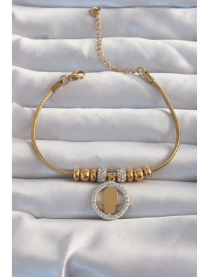 MiraLive 316L Çelik Gold Renk Zirkon Taş Aksesuarlı Fatma Ana Eli Bileklik - TJ-BB6233