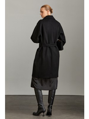 Hatemoğlu Siyah Regular Fit Ceket Yaka Kaşe Yünlü Oversize Manto