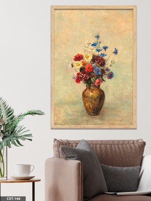 Evine Moda Renkli Çiçekli Vazo Tek Parça Ahşap Çerçeveli Tablo