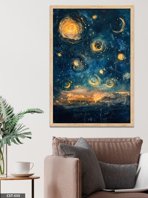 Evine Moda Yağlı Boya Görünümlü Yıldızlı Gece Tek Parça Ahşap Çerçeveli Tablo