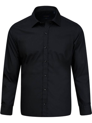 Hatemoğlu Siyah Slim Fit Slim Yaka Pamuklu Uzun Kollu Gömlek