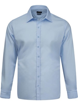 Hatemoğlu Mavi Klasik Fit Slim Yaka Pamuklu Uzun Kollu Saten Gömlek