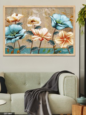 Evine Moda Mavi ve Pembe Çiçekler Tek Parça Ahşap Çerçeveli Tablo