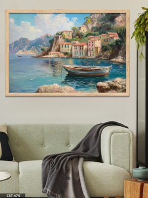 Evine Moda Sahil Kasabası Tek Parça Ahşap Çerçeveli Tablo
