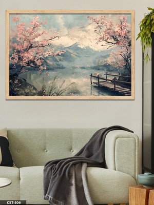 Evine Moda Pembe Çiçekli Ağaç Tek Parça Ahşap Çerçeveli Tablo