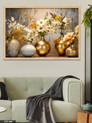 Evine Moda Gold Vazoda Çiçekler Tek Parça Ahşap Çerçeveli Tablo