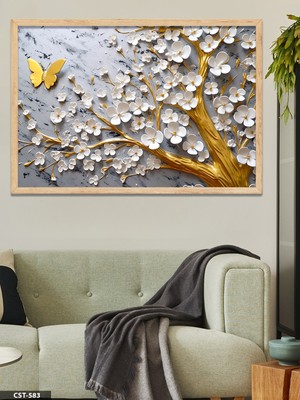 Evine Moda Gold Dallarda Beyaz Çiçek Tek Parça Ahşap Çerçeveli Tablo