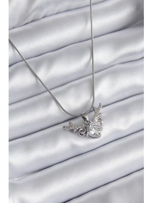 MiraLive 316L Çelik Gümüş Renk Zirkon Taşlı Boynuz Model Kadın Kolye - TJ-BKO8133