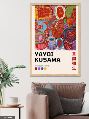 Evine Moda Renkli Desenli Yayoi Kusama Yazılı Tek Parça Ahşap Çerçeveli Tablo