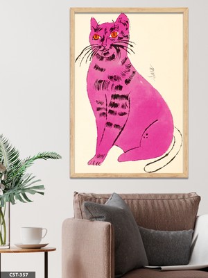 Evine Moda Turuncu Gözlü Pembe Kedi Tek Parça Ahşap Çerçeveli Tablo