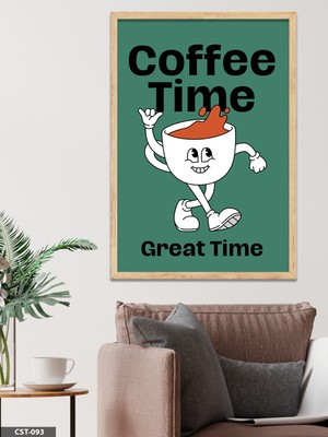 Evine Moda Yeşil Fonlu Coffee Time Yazılı Illüstrasyon Tek Parça Ahşap Çerçeveli Tablo