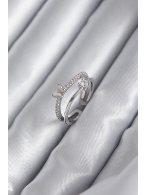 MiraLive Pirinç Gümüş Renk Zirkon Taşlı Kelebek Model Kadın Yüzük - TJ-BYK2932