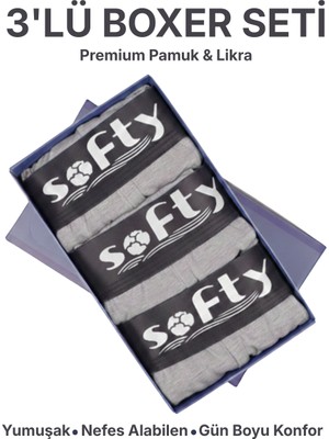 Softy 3’lü Erkek Pamuk Boxer Seti Gri – Yumuşak Dokulu Günlük Kullanım Penye Pamuk Nefes Alan Kumaş 2xl