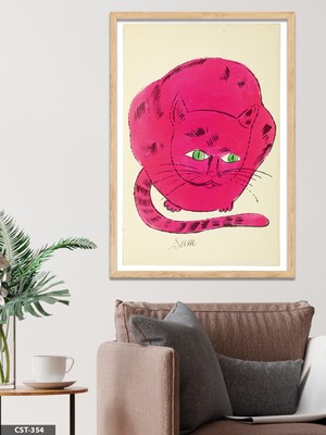 Evine Moda Pembe Kedi Tek Parça Ahşap Çerçeveli Tablo