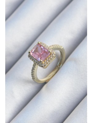 MiraLive Pirinç Gold Renk Pembe Zirkon Taşlı Kadın Yüzük - TJ-BYK2902