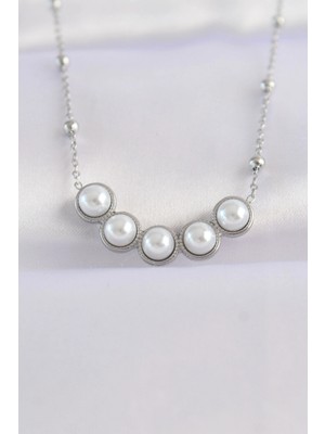 MiraLive 316L Çelik Zincir Gümüş Renk Sıralı Inci Taşlı Kolye - TJ-BKO8654