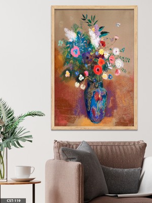 Evine Moda Mavi Vazo Çiçek Desen Tek Parça Ahşap Çerçeveli Tablo