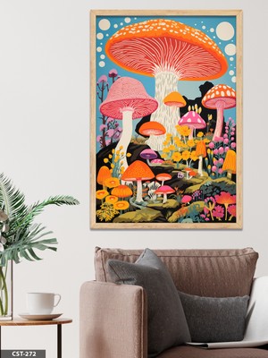 Evine Moda Renkli Mantarlar Tek Parça Ahşap Çerçeveli Tablo