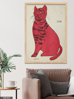 Evine Moda Kırmızı Kedi Tek Parça Ahşap Çerçeveli Tablo