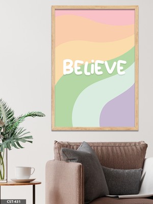 Evine Moda Renkli Believe Tek Parça Ahşap Çerçeveli Tablo