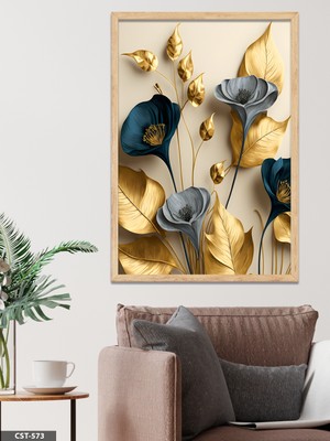 Evine Moda Zarif Altın ve Mavi Çiçekler Tek Parça Ahşap Çerçeveli Tablo