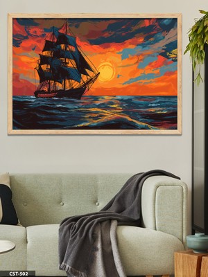 Evine Moda Günbatımında Gemi Tek Parça Ahşap Çerçeveli Tablo