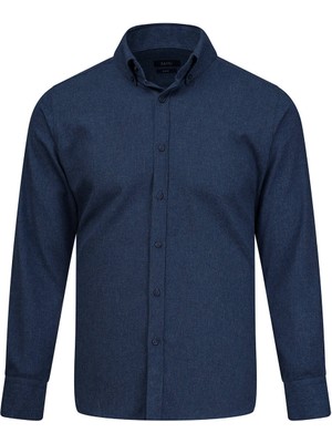 Hatemoğlu Lacivert Slim Fit Düğmeli Yaka Pamuklu Uzun Kollu Spor Gömlek